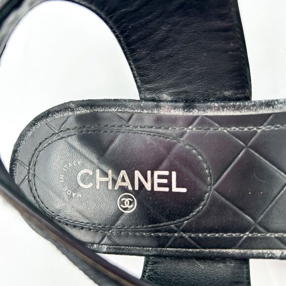 Chanel CC Logo Sandals Black Suede and Calf Hair Metallic Flats Size Eu 39 US 8- - Picture 8 of 11